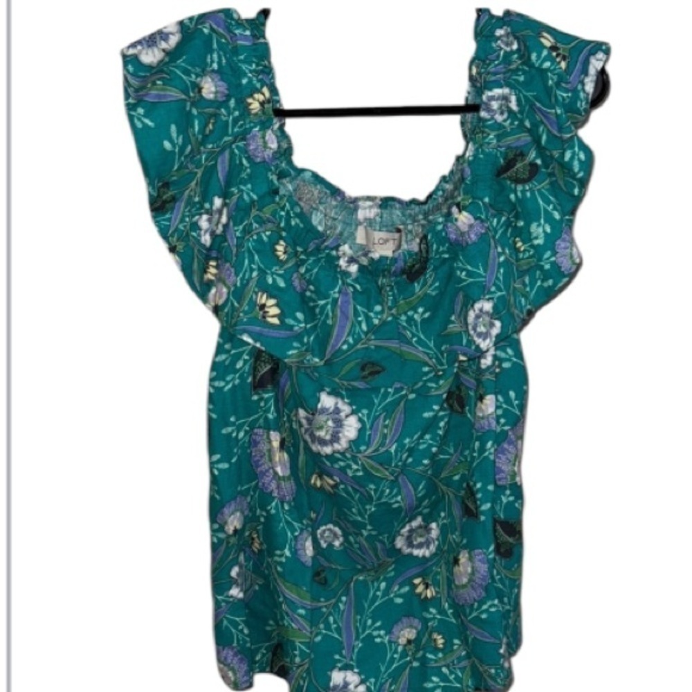 LOFT shirt Women's Floral top XS off the shoulder ruffled linen blend botanical
